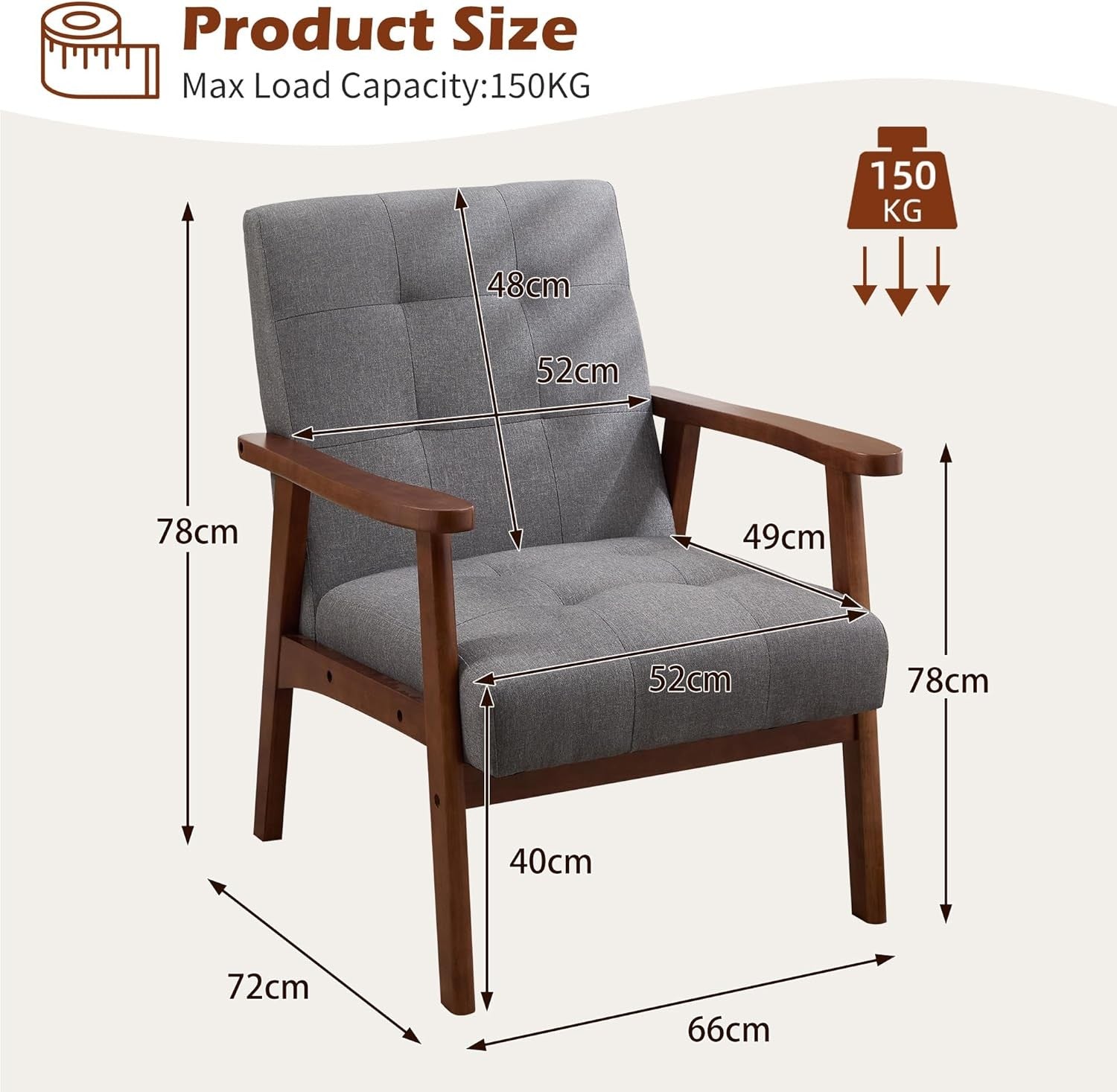 Mid‑Century Modern Linen Accent Chair – Solid Wood Lounge Armchair Light Grey