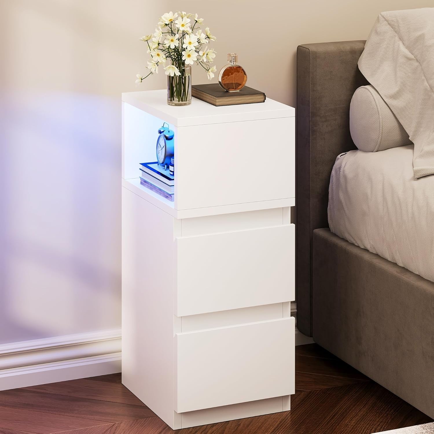 Slim LED Bedside Table with 2 Drawers – Modern White Nightstand Open Storage