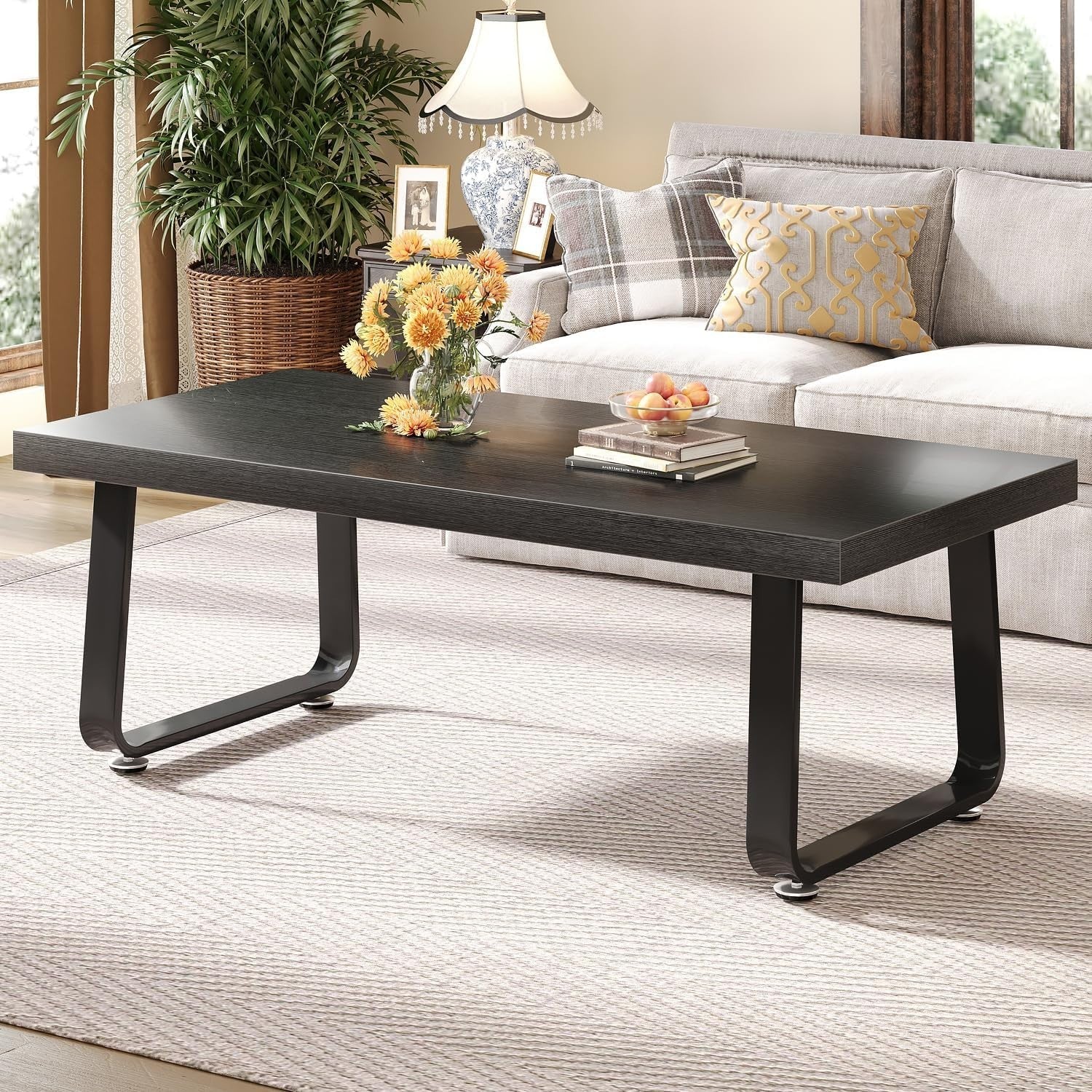 Black Oak Coffee Table 120x60x46.5cm Metal Frame, Industrial Minimalist