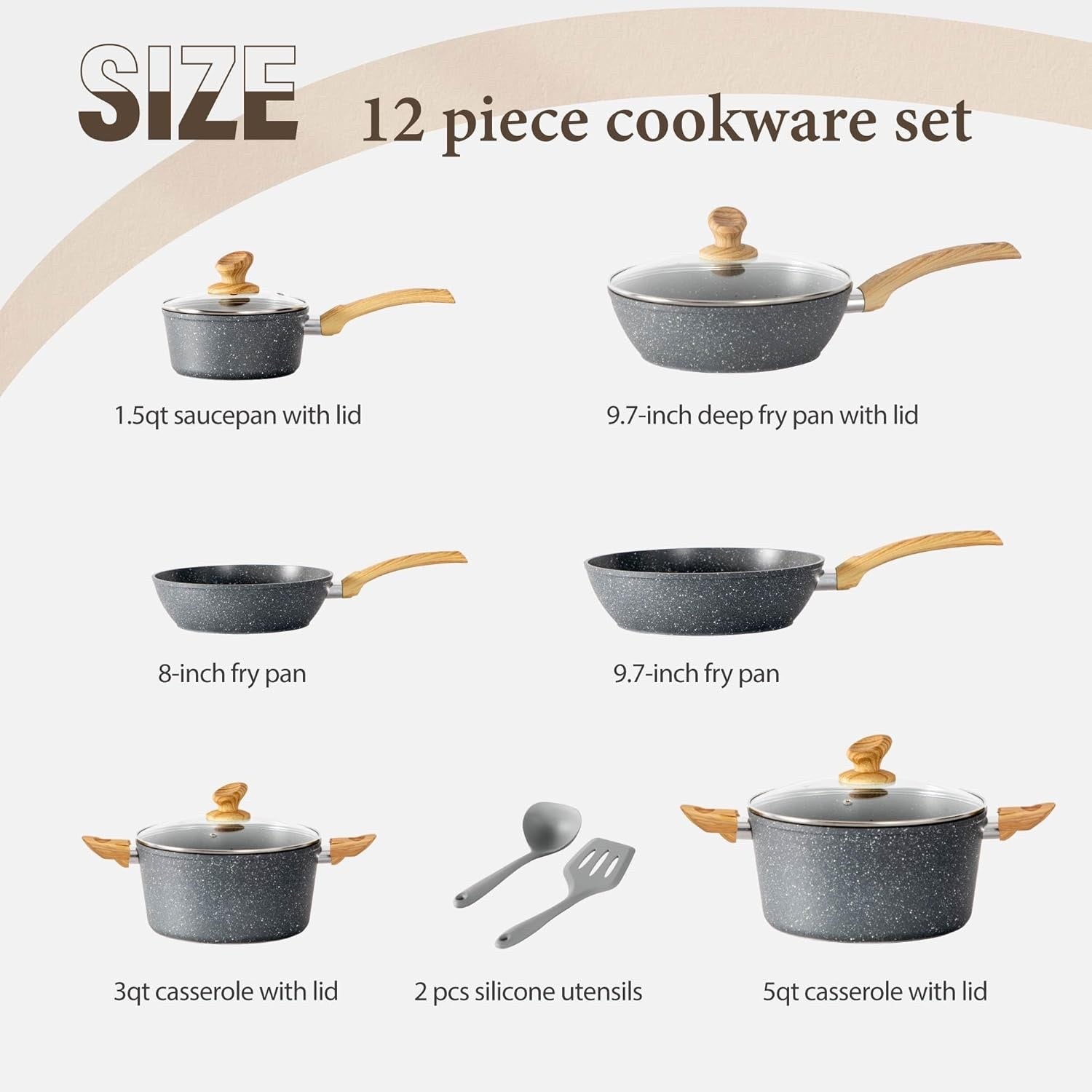 12pcs Grey Granite Induction Cookware Set Non Stick Pans Pots with Glass Lids