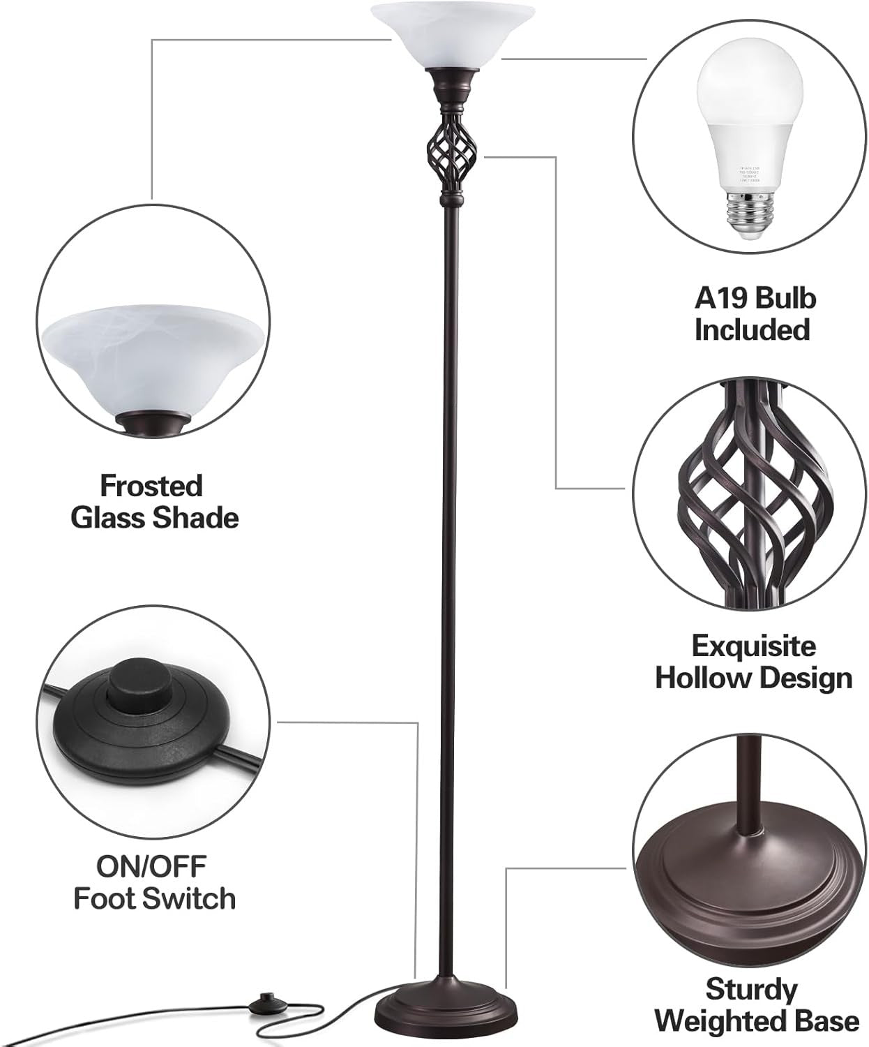 Torchiere Floor Lamp LED Reading Light Glass Shade Living Room Bedroom