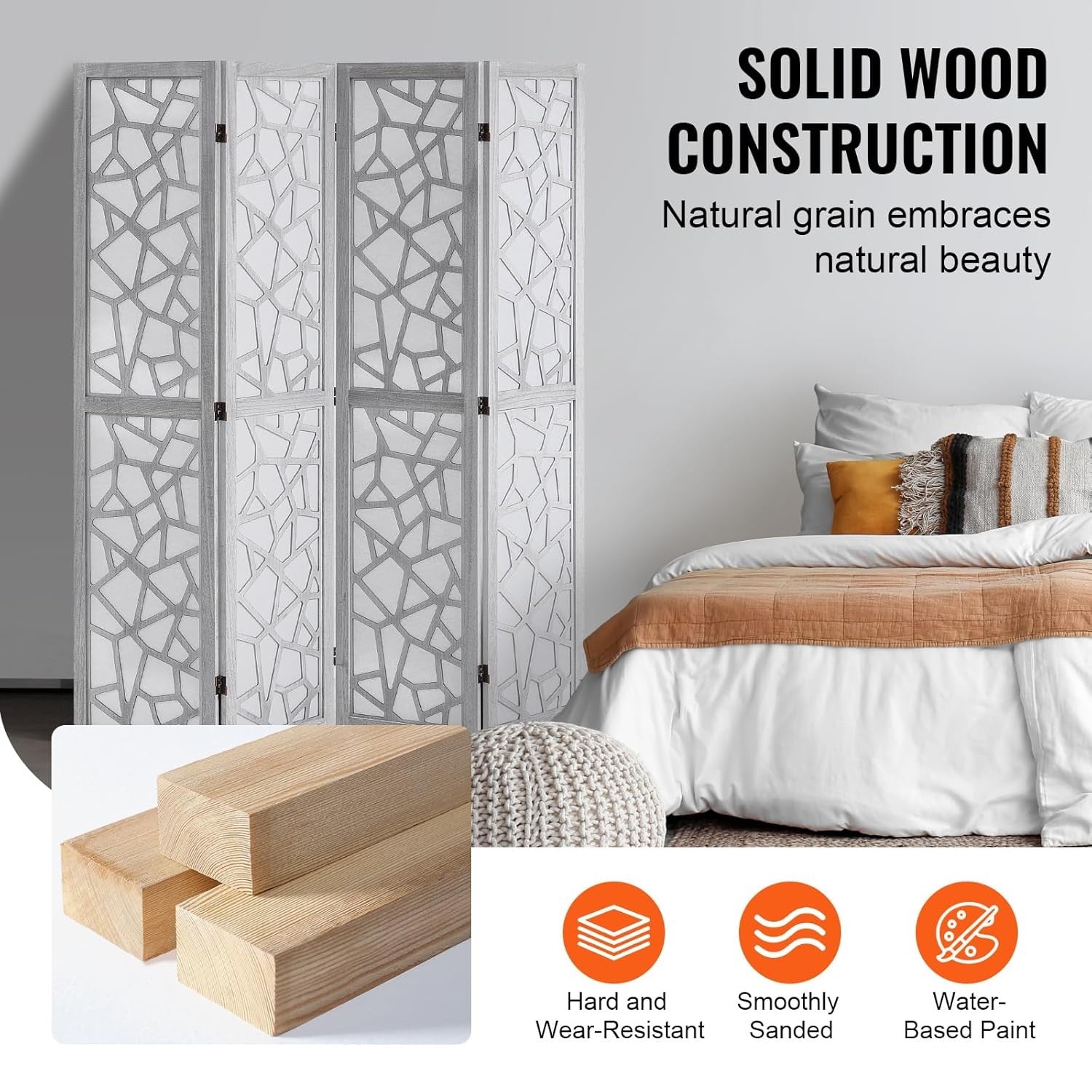 4 Panel White Carved Wood Folding Room Divider Privacy Screen 162x170cm