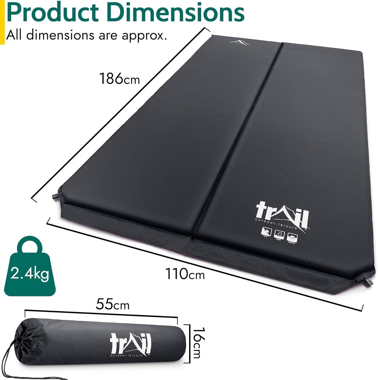 Self-Inflating Double Camping Mat 2.5cm Thick Lightweight Travel