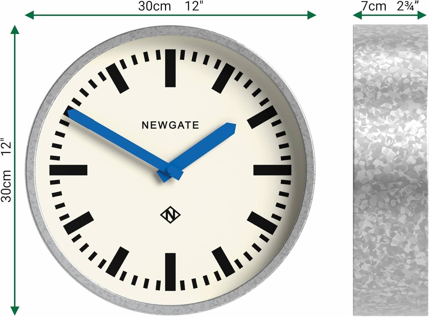 Retro 30cm Silent Wall Clock Blue Hands Galvanised Metal Station Style
