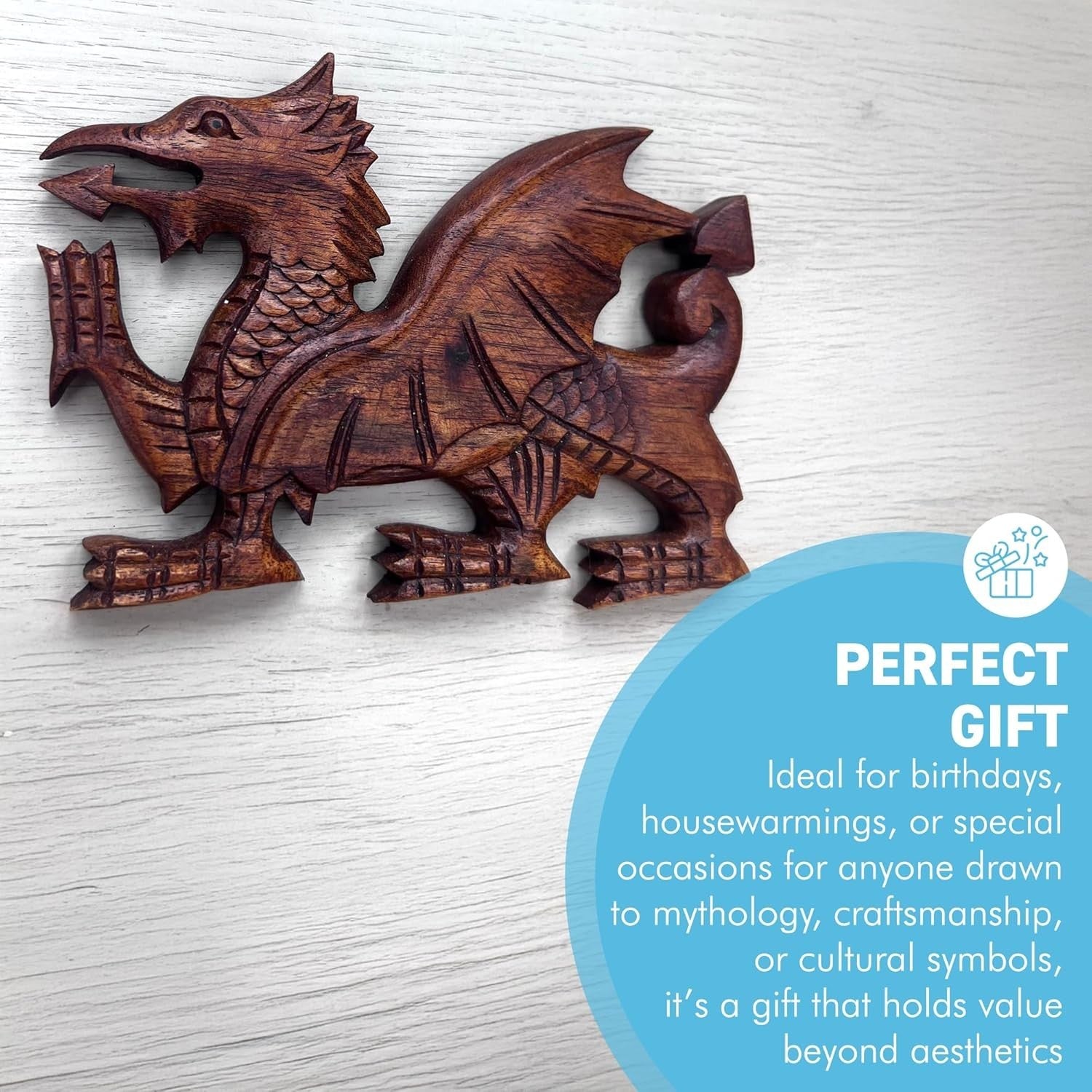 Wooden Dragon Wall Plaque Hand-Carved Decor | Welsh Dragon Ornament | 23cm