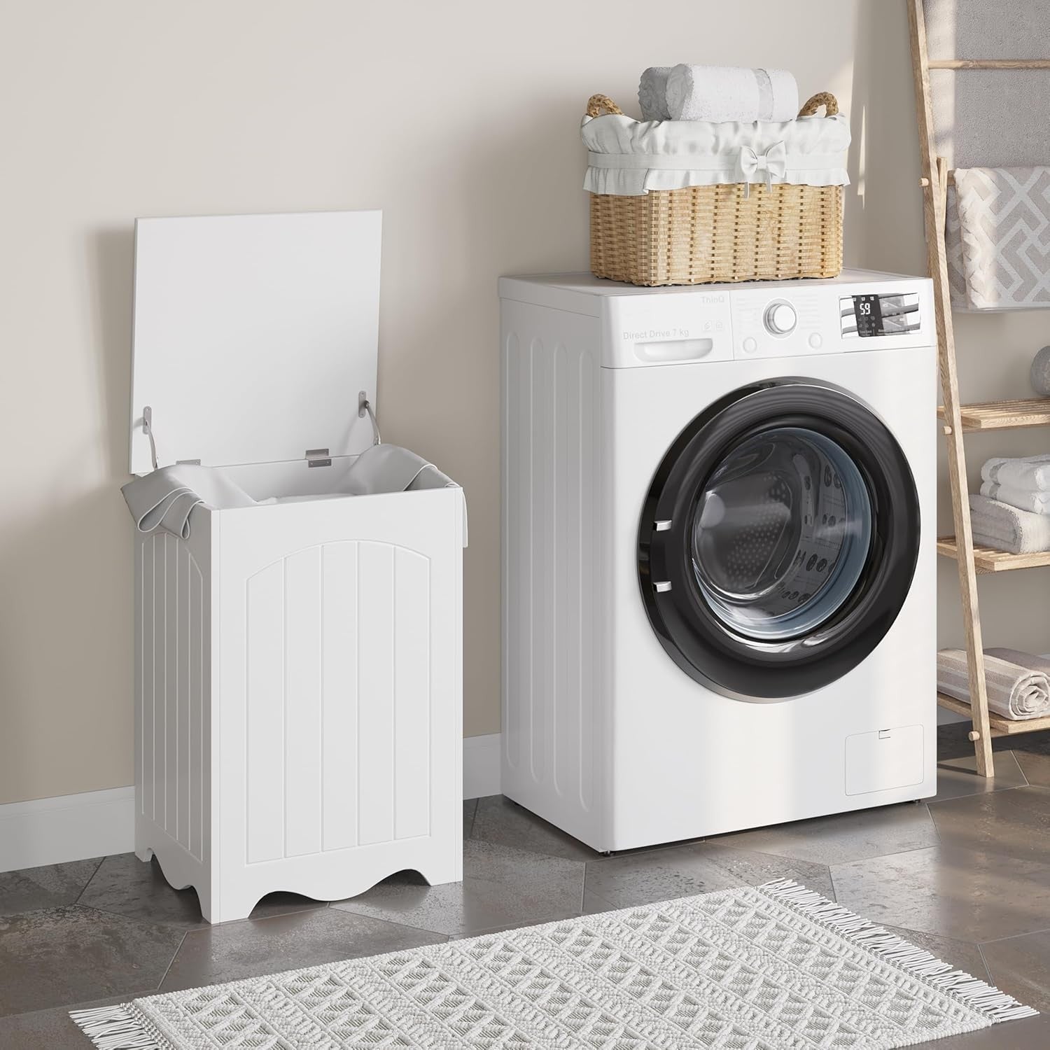 White Wooden Laundry Hamper with Lid Bathroom Clothes Bin 40x40x61cm Storage
