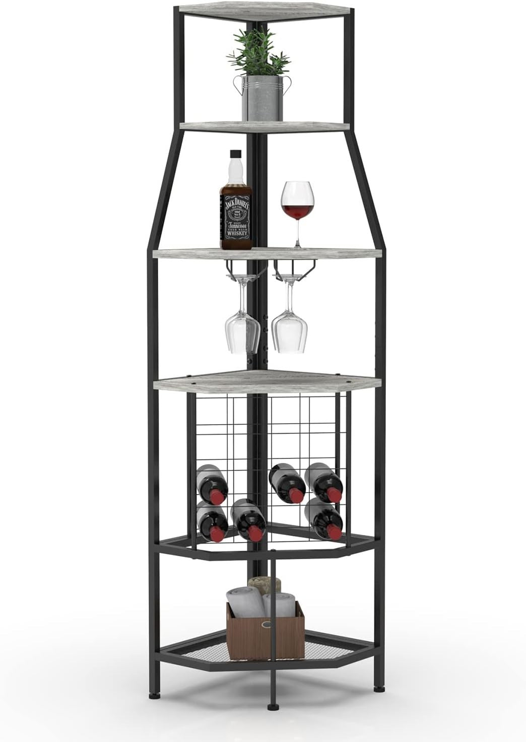 Corner Wine Rack Bar Cabinet with Glass Holder & 5-Tier Display Shelves for Home