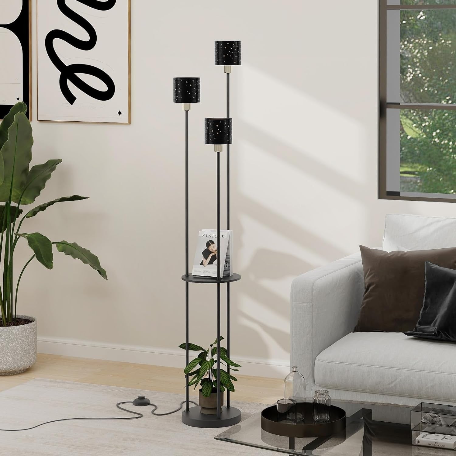 3 Light Floor Lamp with Shelves Tall Standing Lamp Modern Living Room