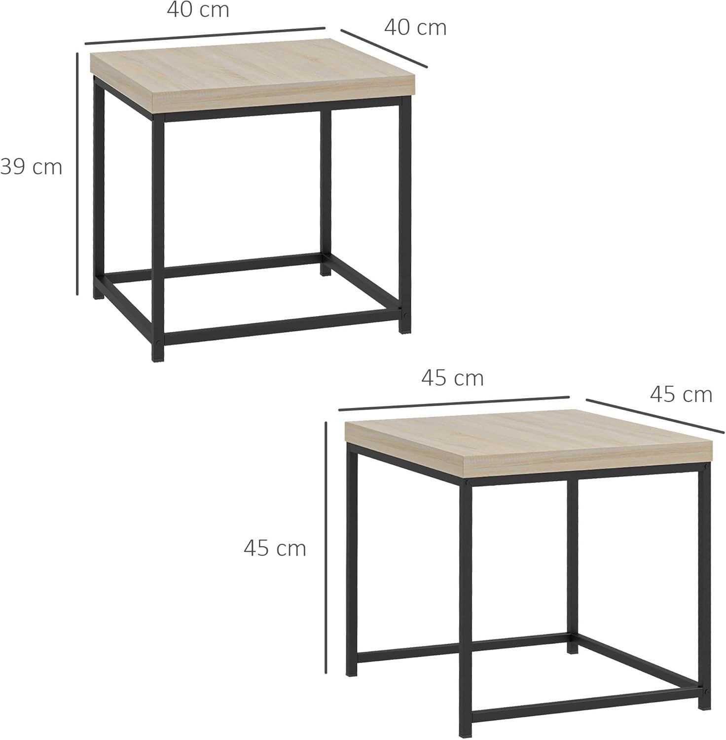 Oak Nesting Coffee Table Set Modern Square End Side Accent Tables Steel Frame