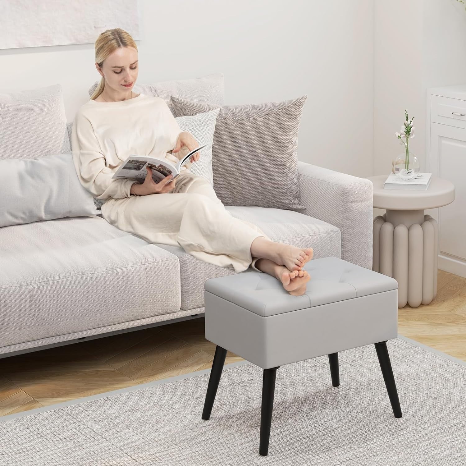 Grey Velvet Flip-Top Storage Footstool Ottoman Vanity Stool with Wood Legs