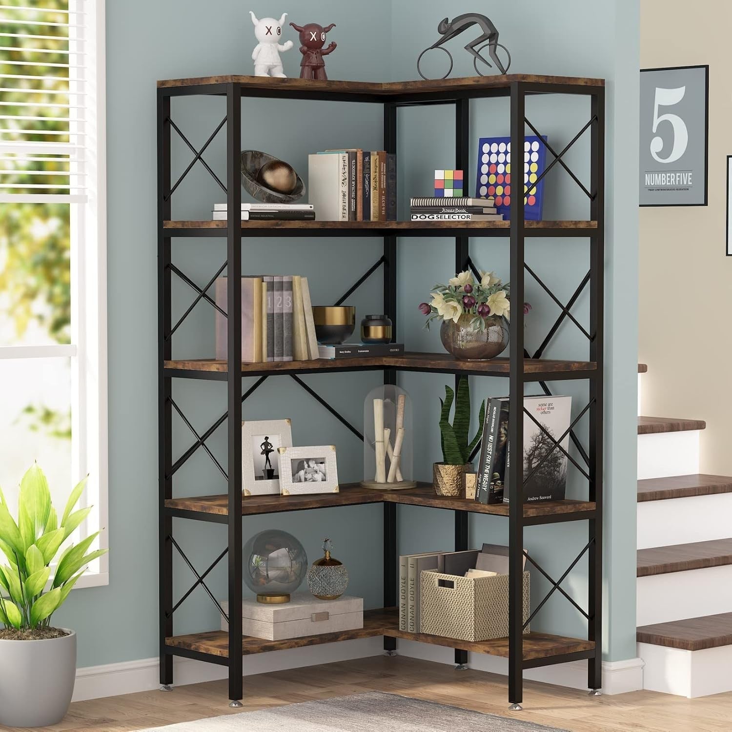 Tall 5-Tier Corner Bookshelf | Rustic Wood & Metal Industrial Display Storage Un