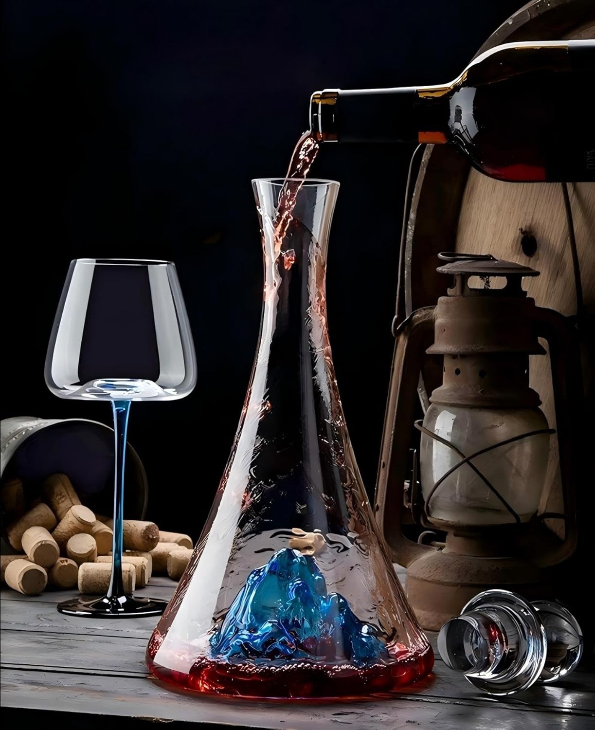 Crystal Wine Decanter 1.15L Blue Iceberg Waterfall Design Luxury Aerator