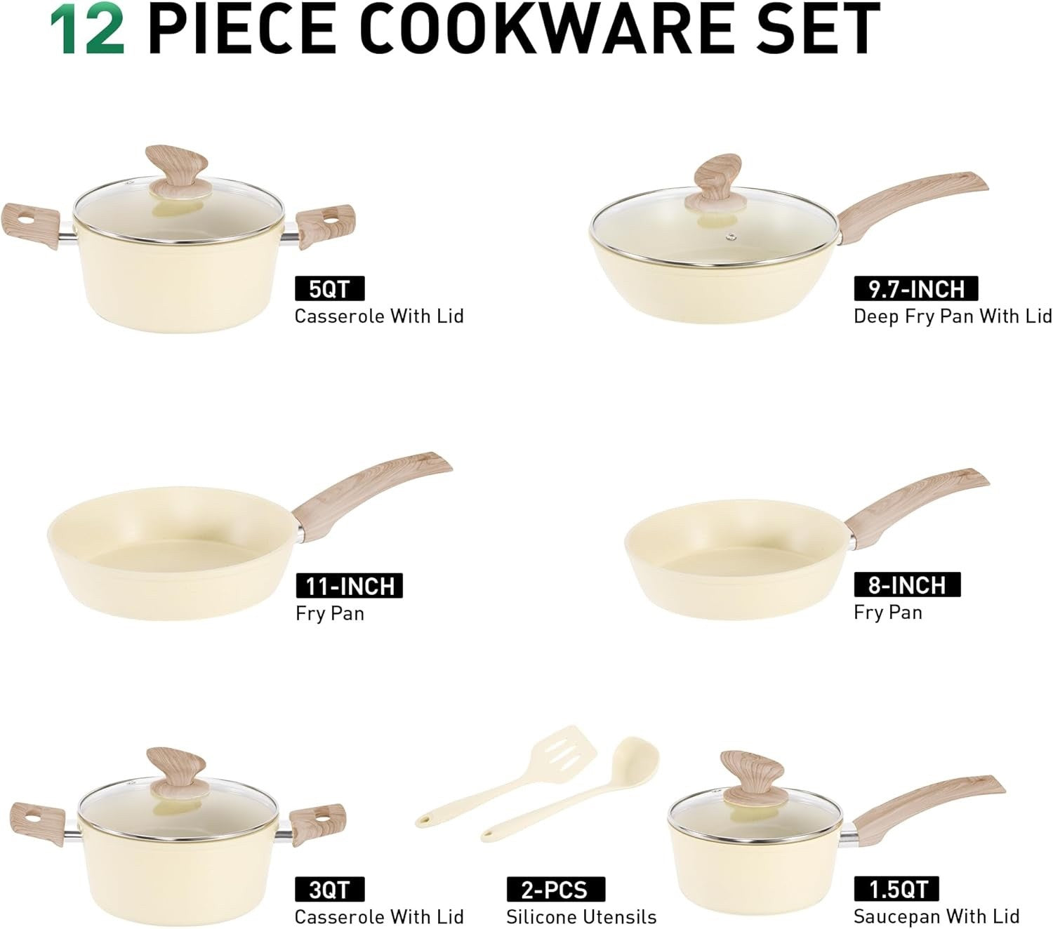 12pcs Beige Granite Non Stick Cookware Set – Pots & Pans with Lids and Utensils