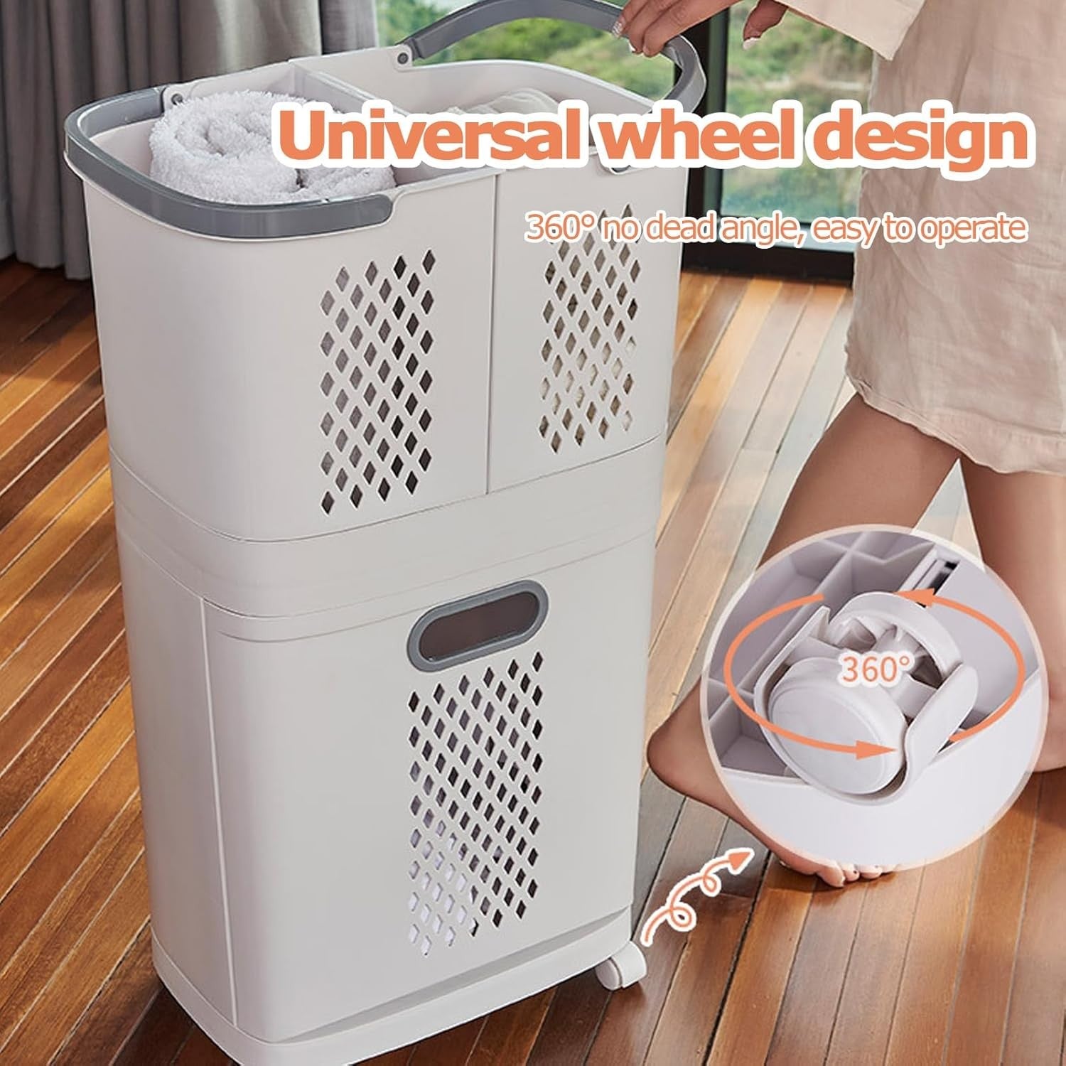3-Section Laundry Basket on Wheels | Large PP Hamper with Bottom Door | Slim Sto
