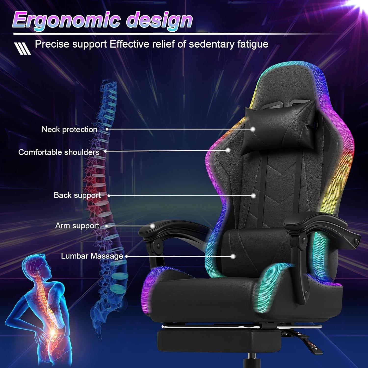 LED Gaming Chair w/ Footrest Massage Reclining RGB Black