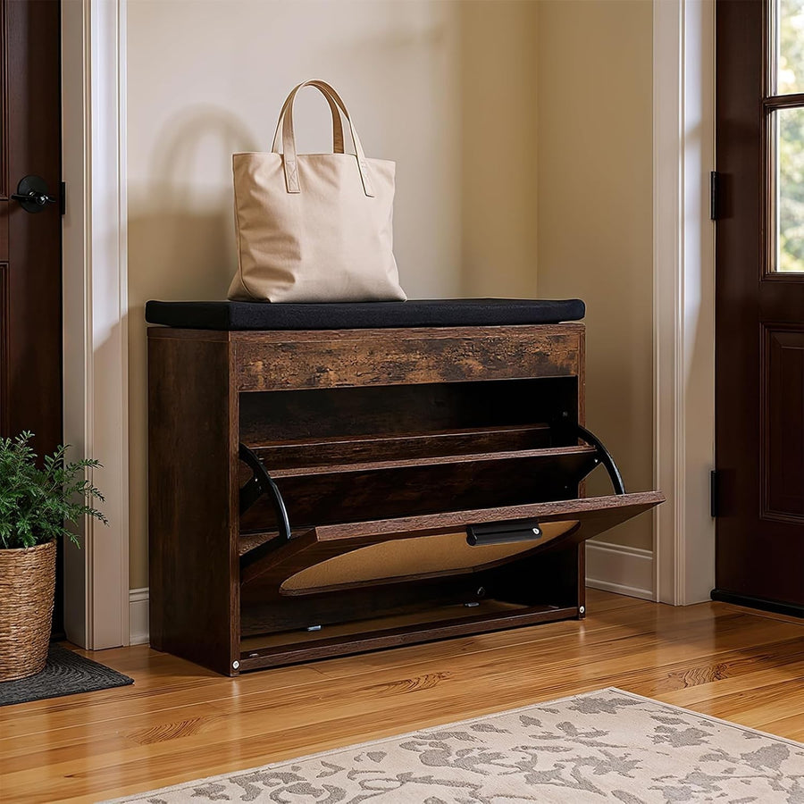 Rustic Brown Shoe Storage Bench with Flip Drawer & Cushioned Seat, 74x24x51 cm