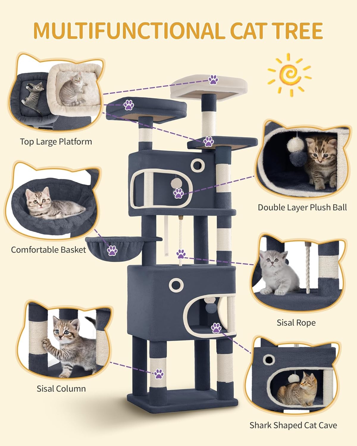 Hzuaneri 180 cm Cat Tree for Indoor Cats, Cat Tower, Multi-Level Cats Condo with