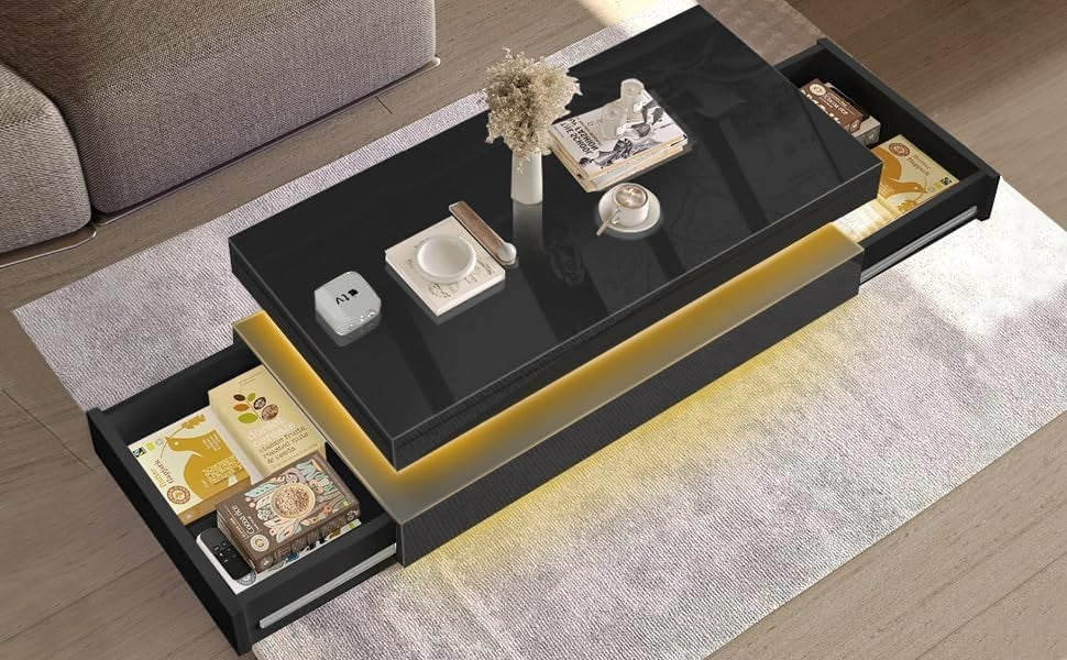 Black Gloss LED Coffee Table with Storage Drawers & Remote Lights | 94cm