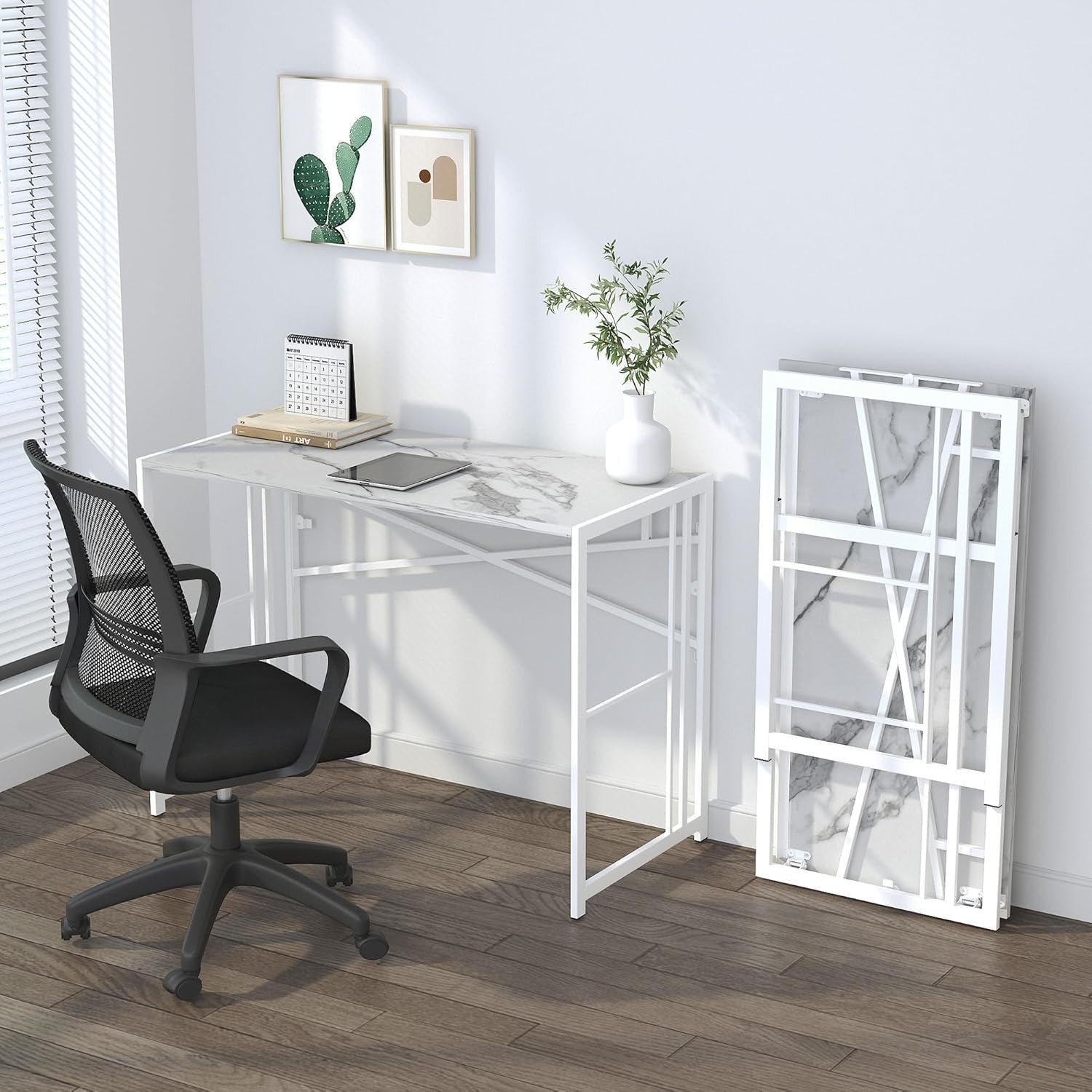 Folding Desk 103cm White Marble No Assembly Home Office Computer Table