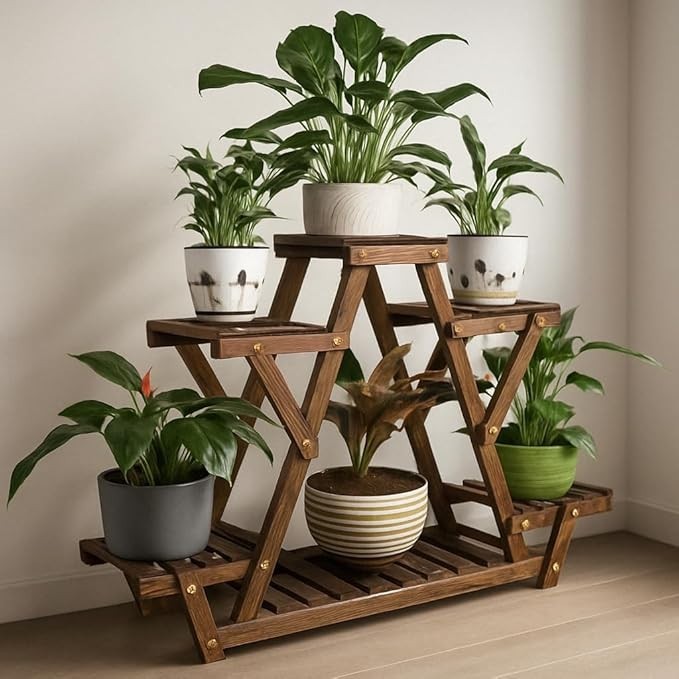 Wooden 4 Tier Plant Stand with Wheels Indoor Outdoor Flower Shelf 93x28x95cm