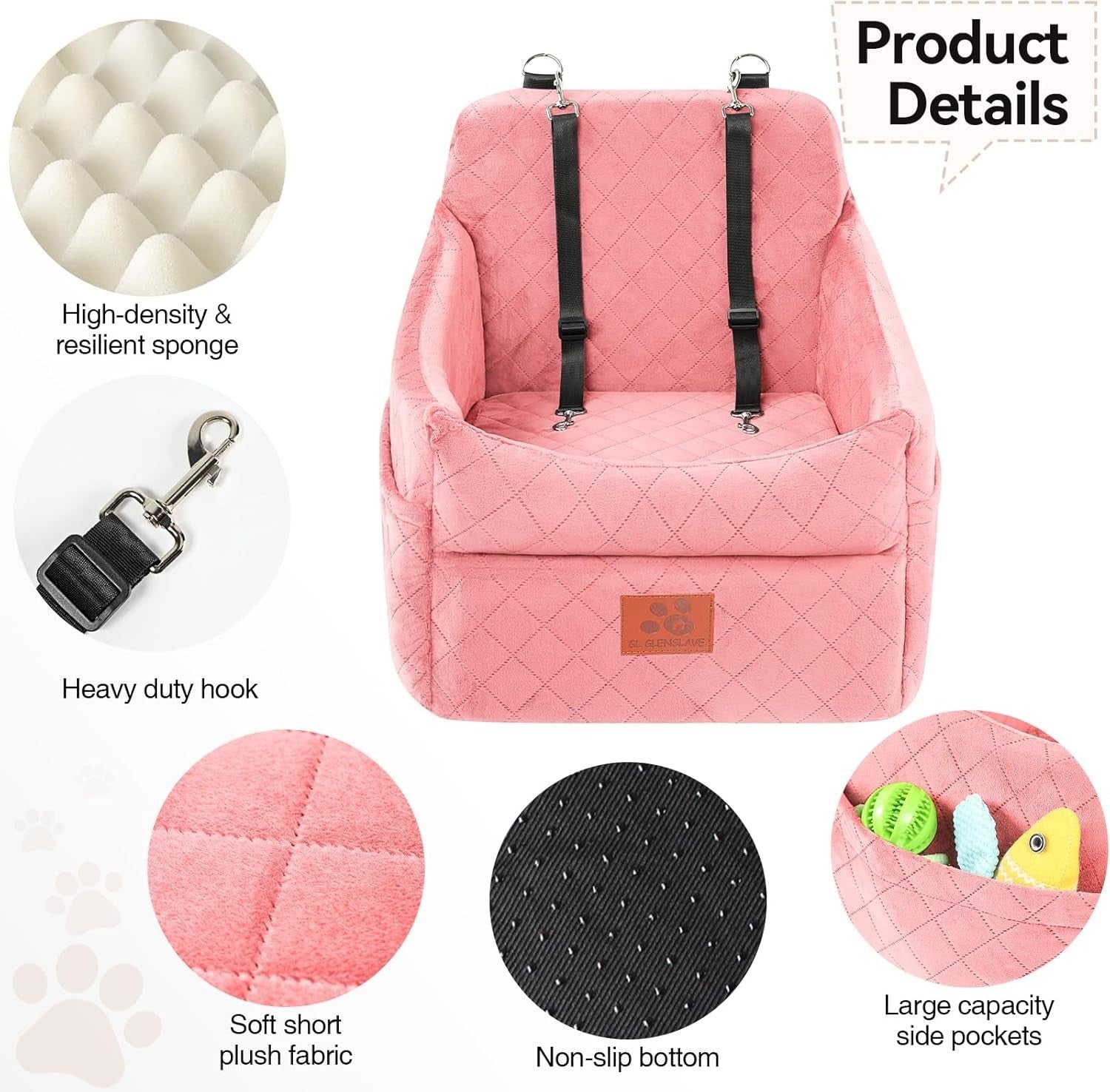 Memory Foam Dog Car Booster Seat Washable Travel Bed 2 Safety Belts