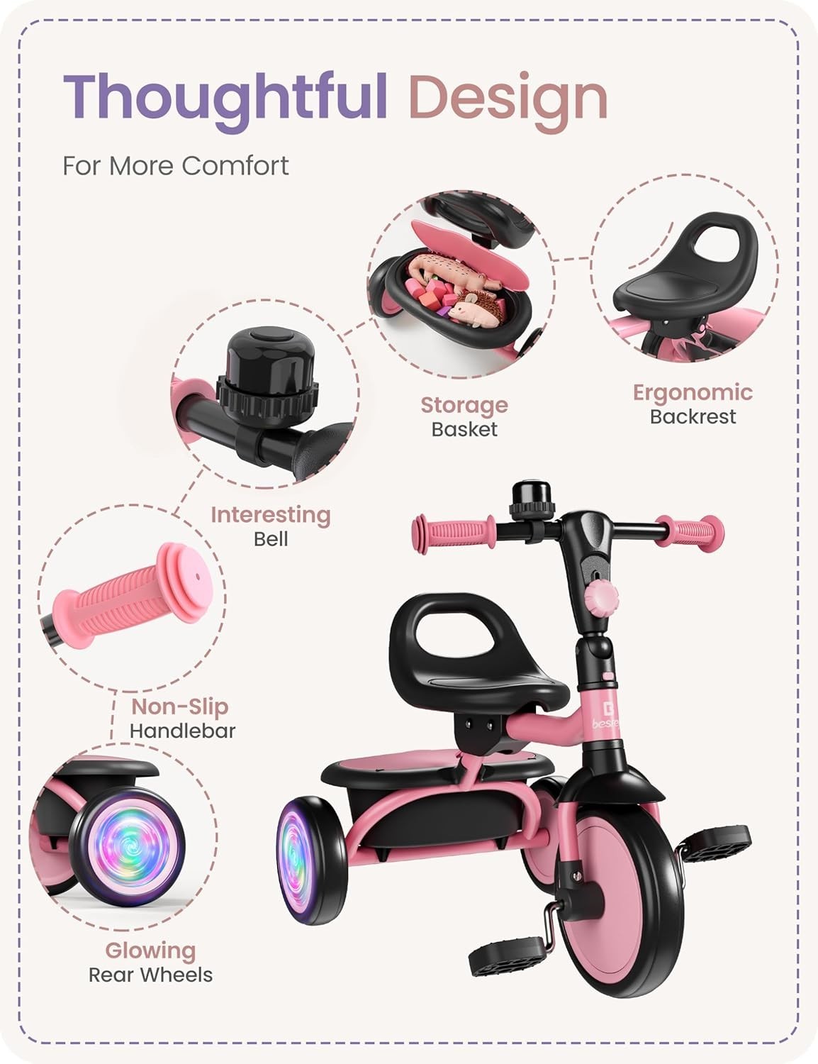Kids Tricycle Flash LED Wheels Foldable Toddler Bike Pink Age 18M-5Y