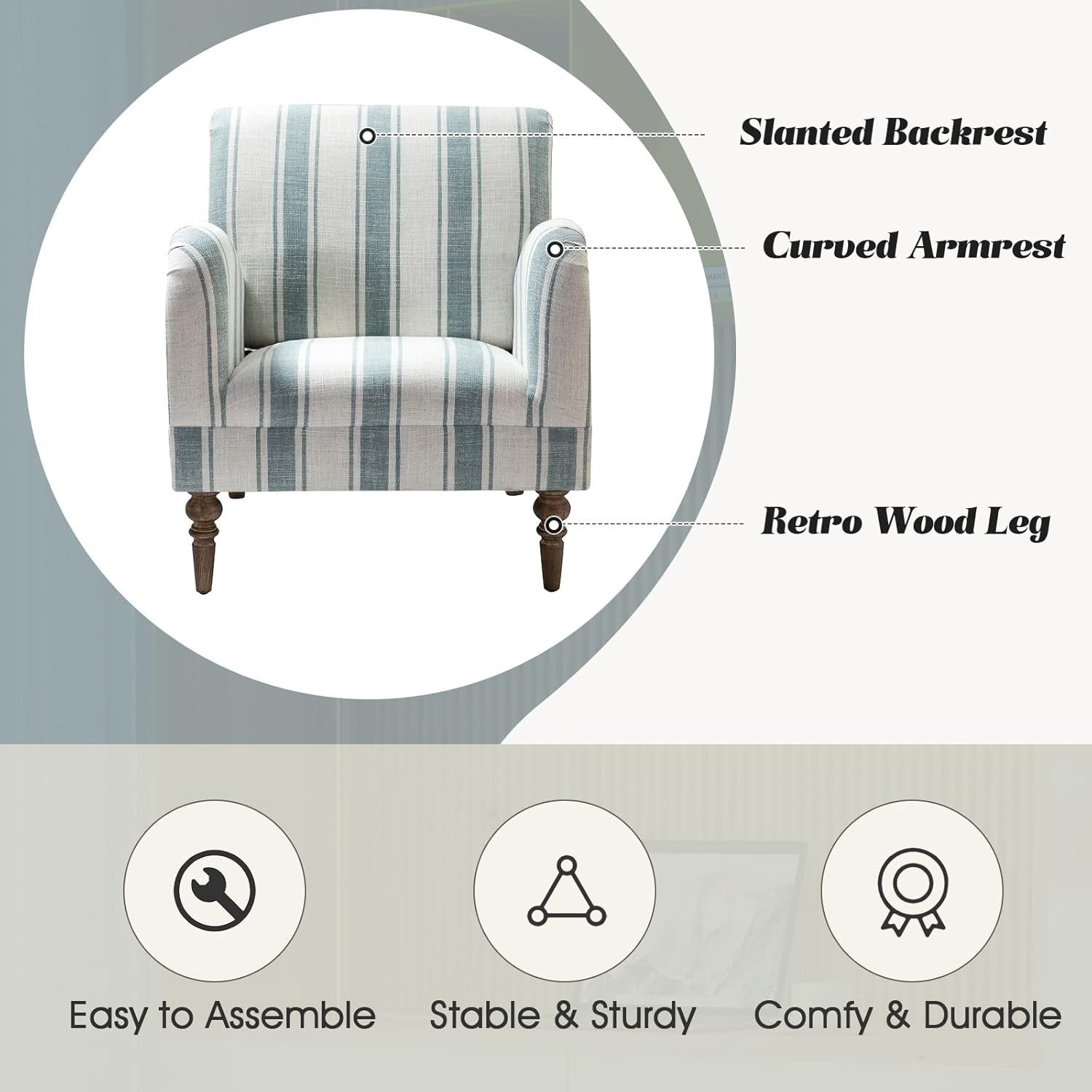 Striped Upholstered Armchair with Wooden Legs for Lounge or Bedroom Blue