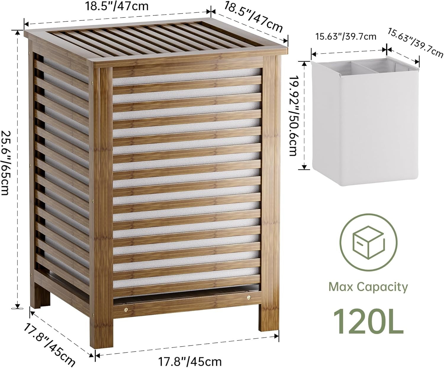 Walnut Bamboo Double Laundry Hamper with Lid 120L 2 Section Basket 47x47x65cm