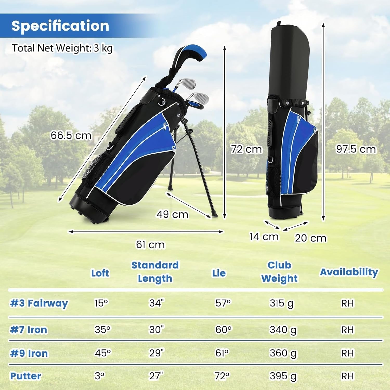 Kids Right Hand Golf Club Set Age 8–10 Fairway Irons Putter Stand Bag