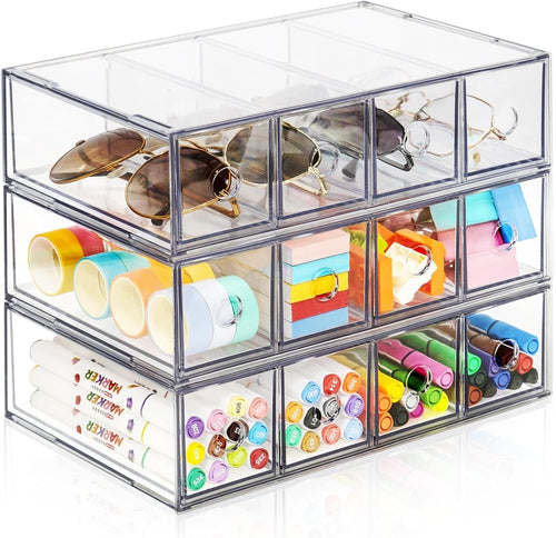 Clear Acrylic Desk Organizer 12 Drawers Stackable Storage Box Office