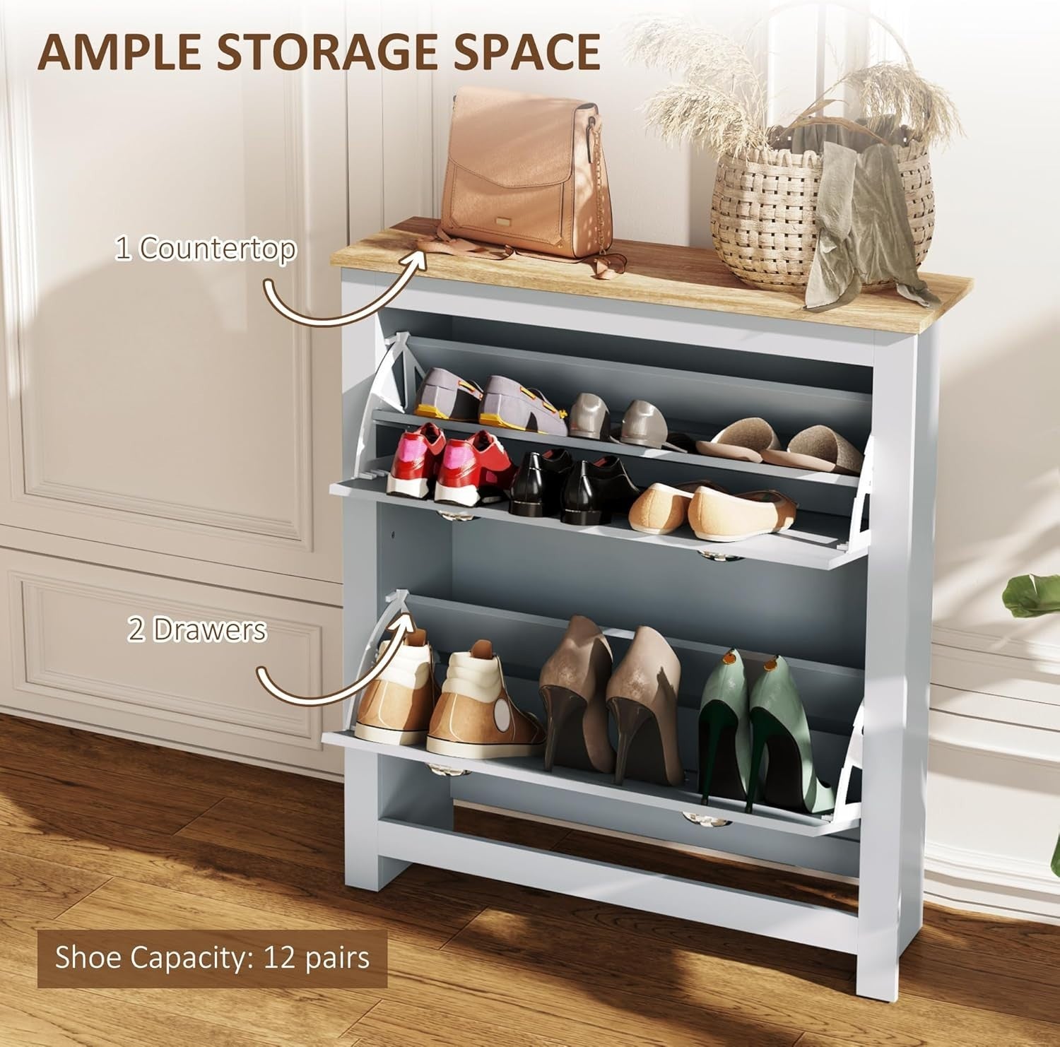 Modern Grey Shoe Storage Cabinet – 2 Flip Drawers, Adjustable Shelf, 12 Pair