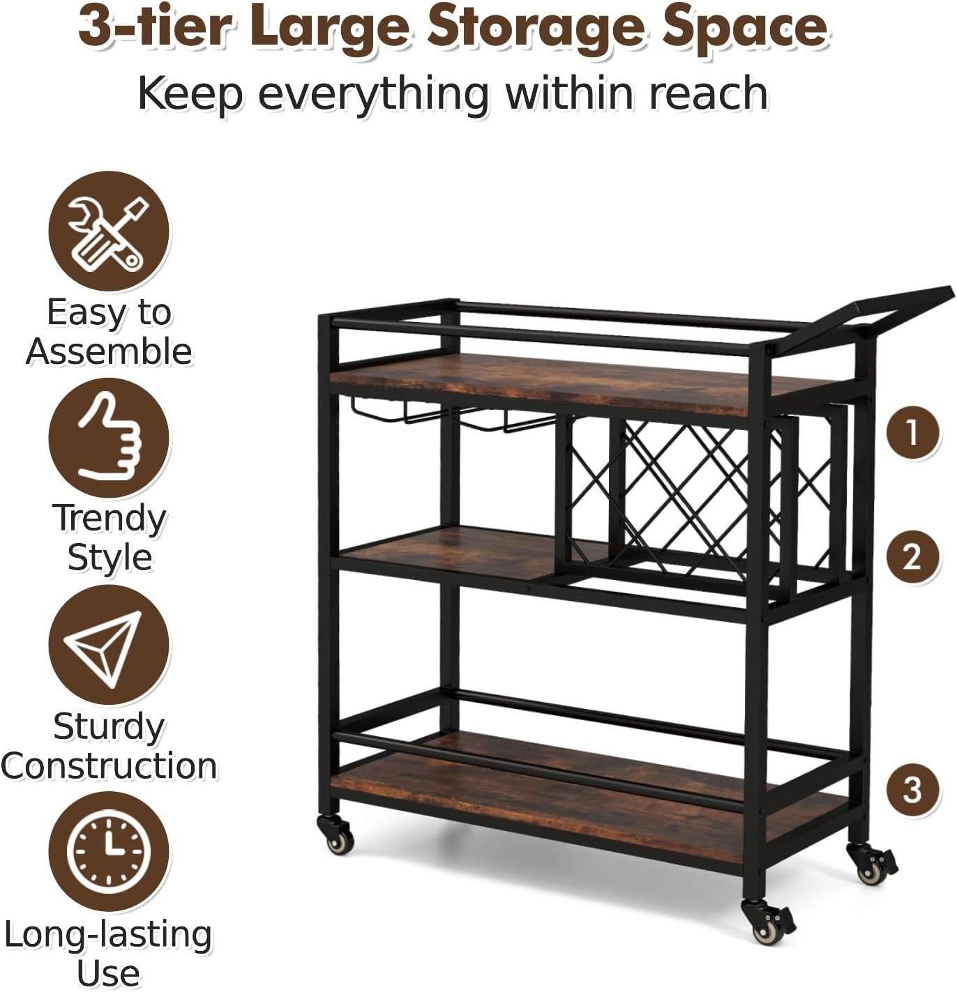 3 Tier Rolling Serving Cart Drinks Trolley Wine Rack Glass Holder on Wheels