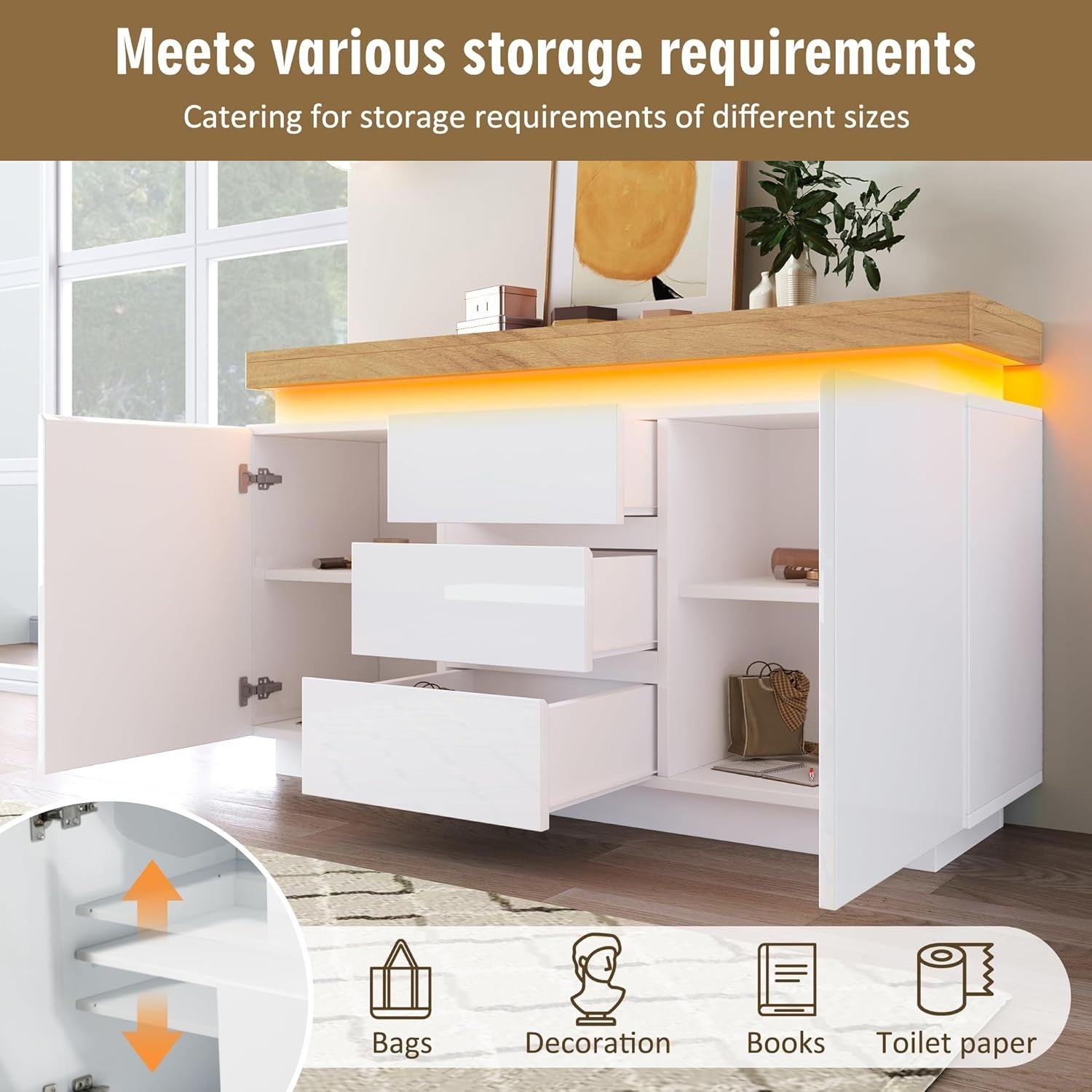 Modern High-Gloss White Sideboard Cabinet with LED Lighting, 2 Doors & 3 Drawers
