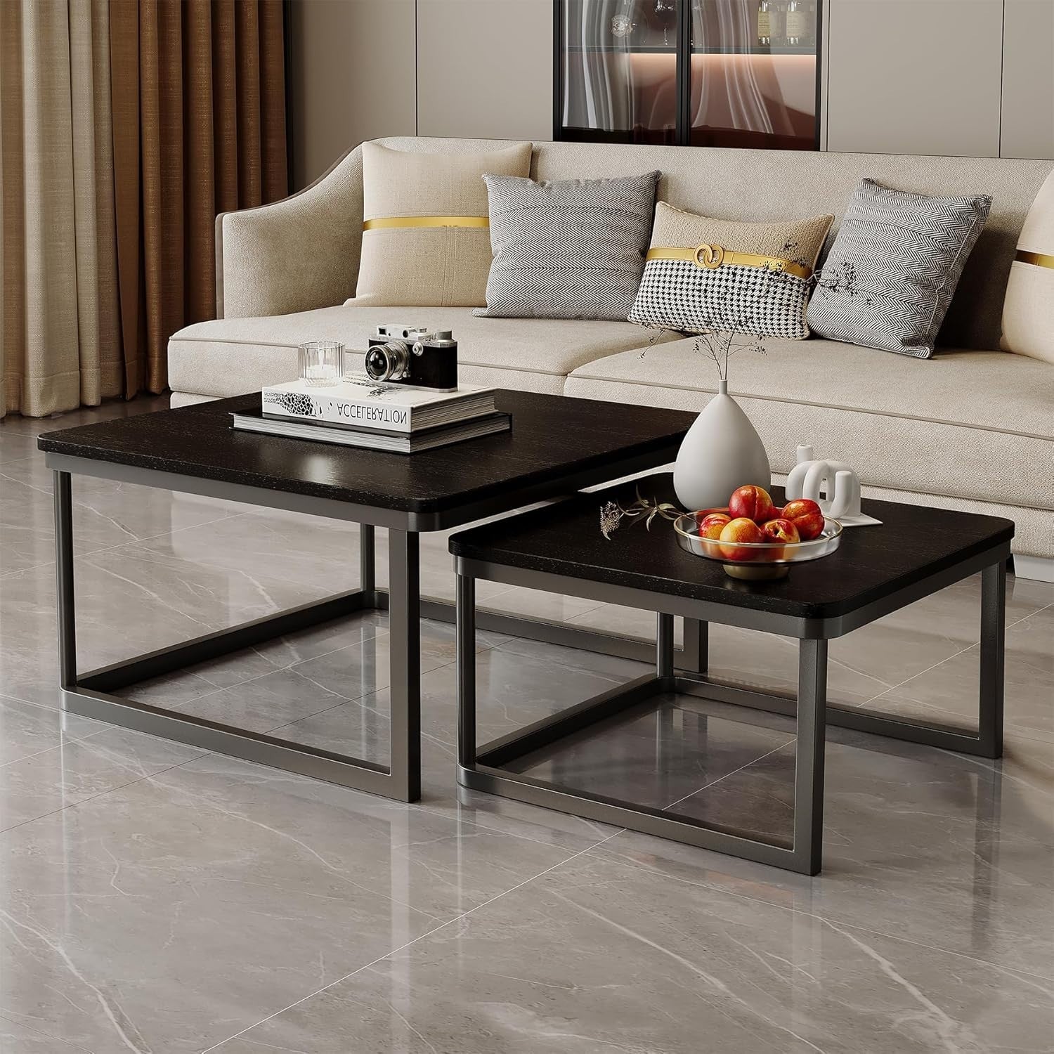 Nesting Coffee Table Set of 2 Modern Industrial Black Square Wood Metal Frame