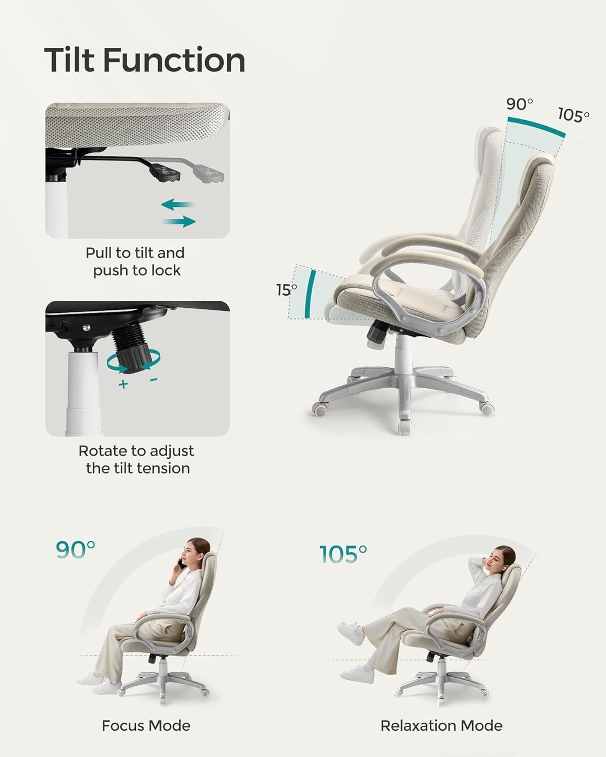 Ergonomic Office Chair Faux Leather Swivel Desk Seat Adjustable Height Cream Whi