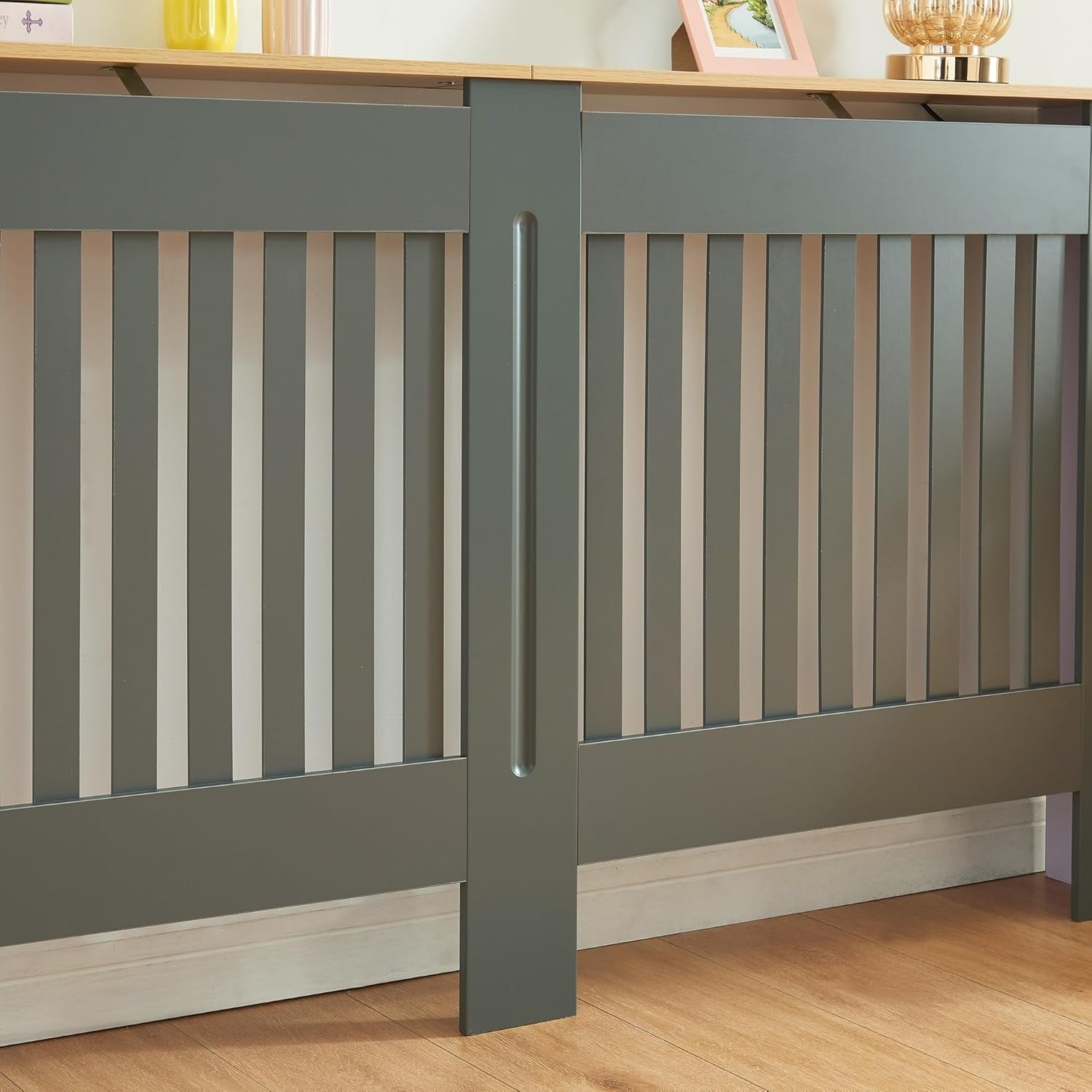 Grey Radiator Cover 152cm Large Wooden Cabinet with Slatted Grill & Wood Top