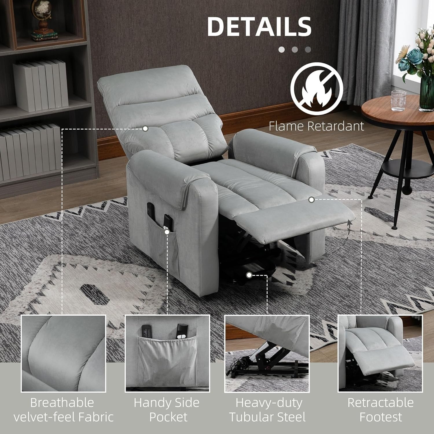 Power Lift Recliner Chair Massage 135° Recline Velvet Upholstered Pockets Grey