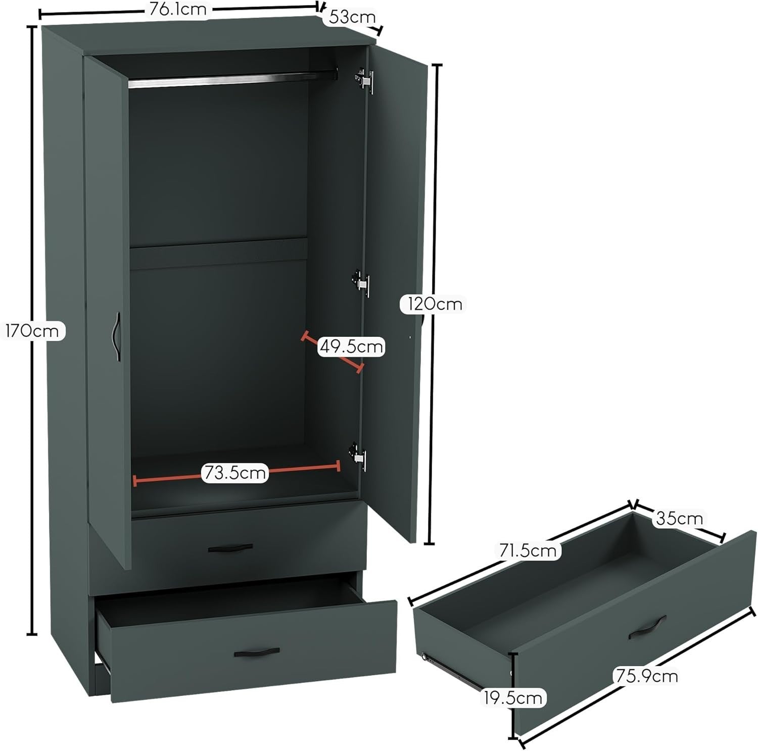Double Door Wardrobe with 2 Drawers, Hanging Rail & Top Shelf Storage