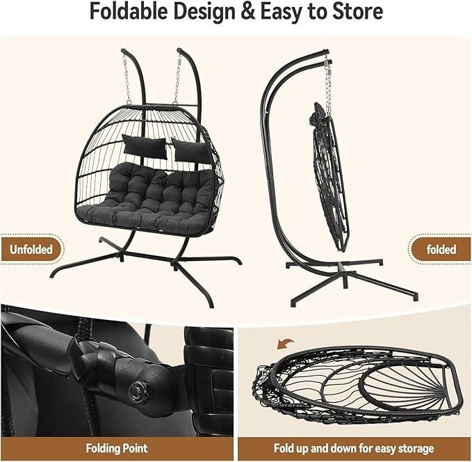 2 Seater Hanging Egg Chair with Stand – Foldable Rattan Hammock Set