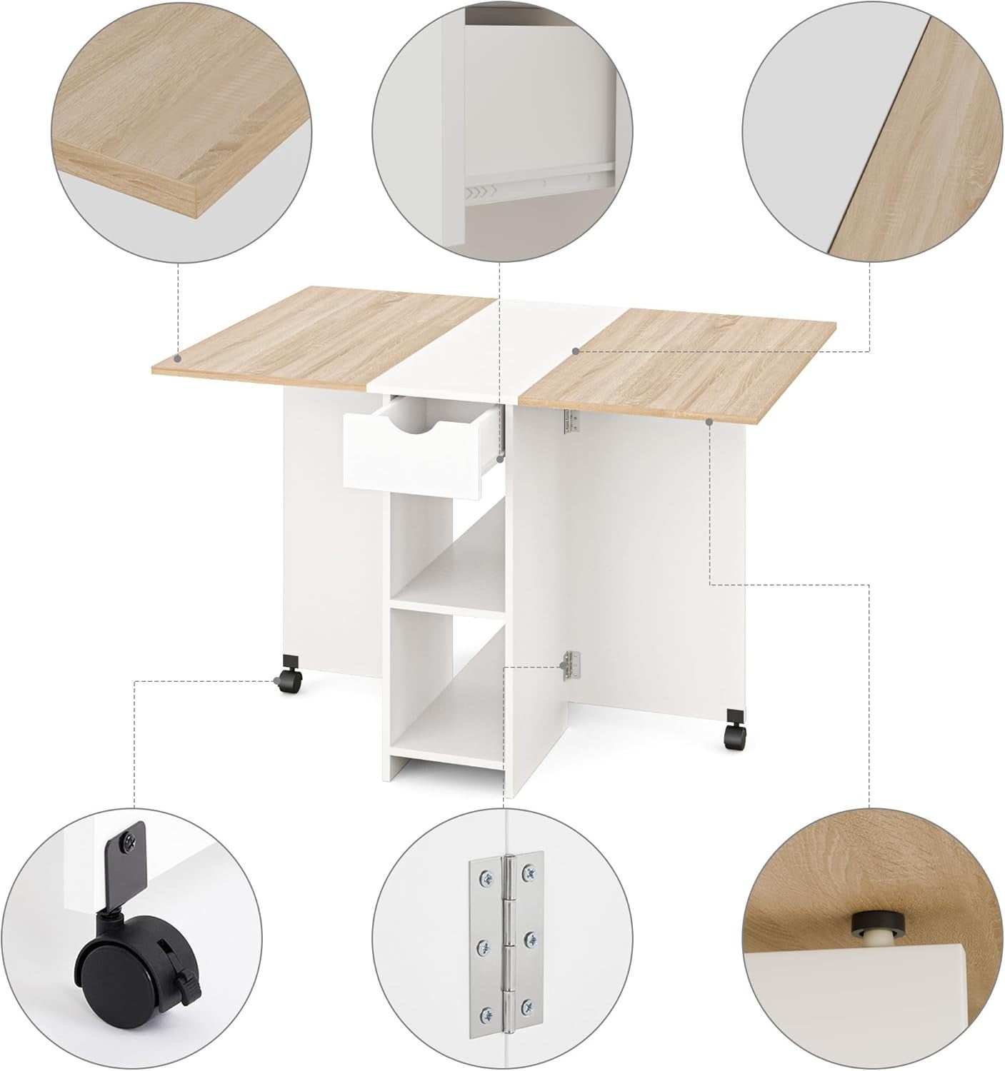 Drop Leaf Folding Dining Table with Drawer Shelves Wheels Oak White Small Space