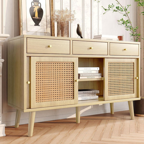 Modern Rattan Sideboard Storage Cabinet 3 Drawer 3 Door Oak Unit Hallway