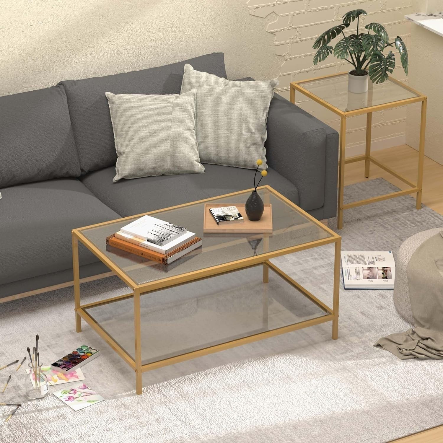 Glass Nesting Coffee Table Set 2 Side End Tables Modern Metal Frame Space Saving
