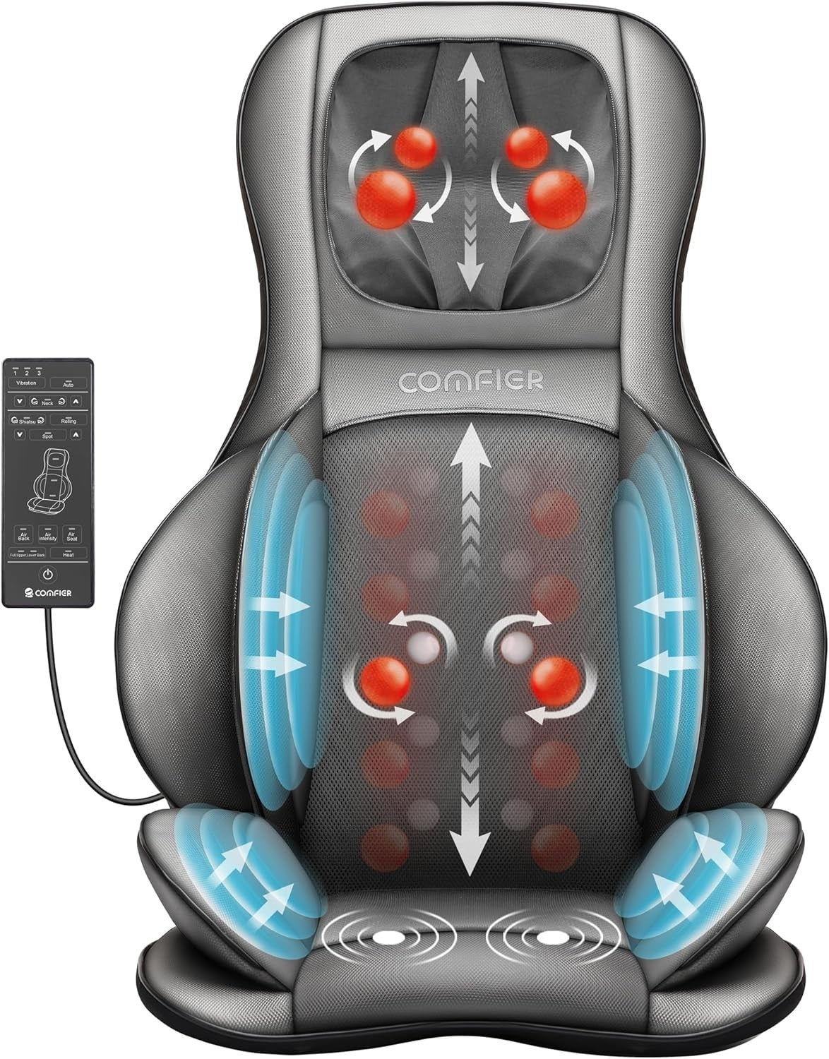 Shiatsu Back Massager with Heat Deep Tissue Kneading Full Back Chair Cushion