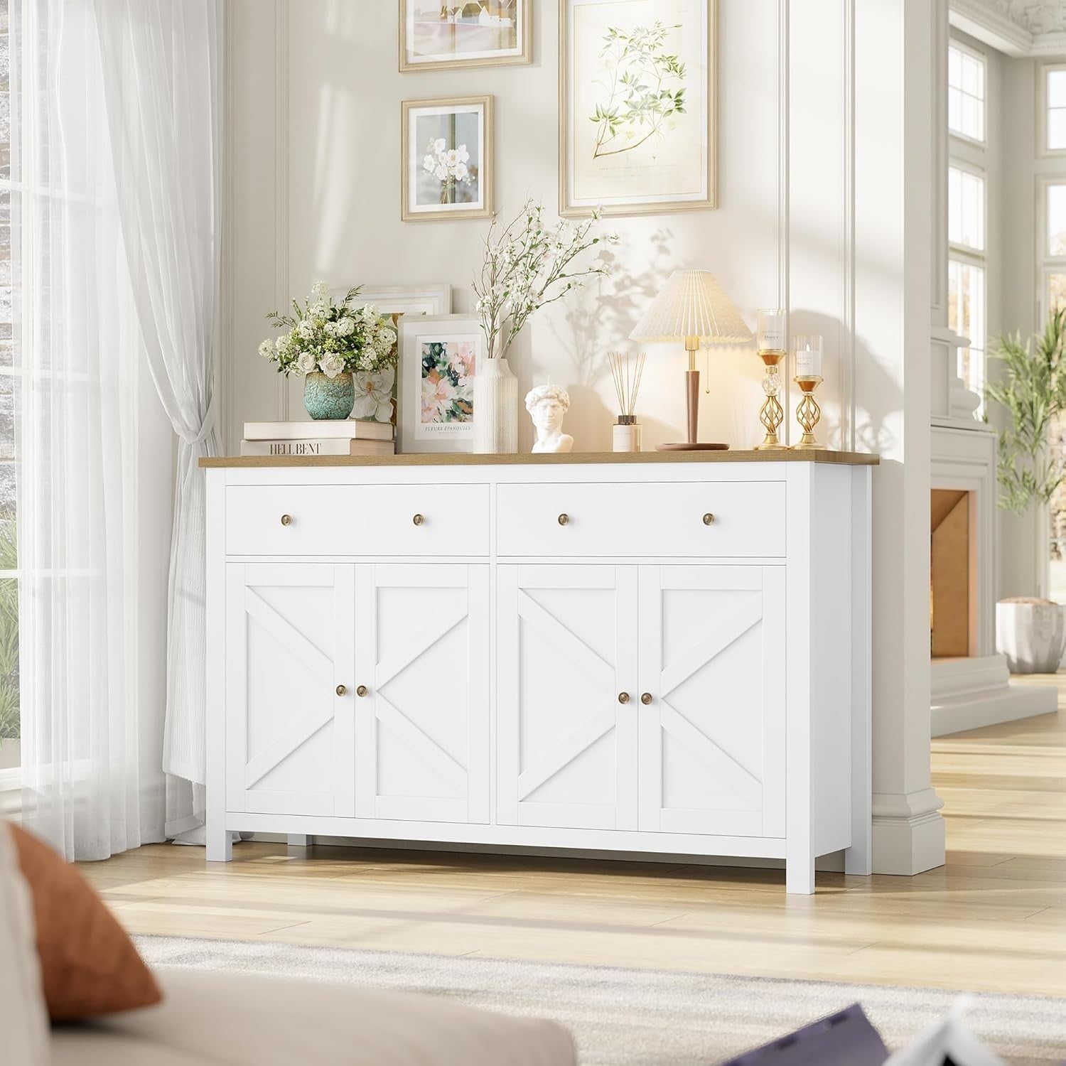 Large White Kitchen Sideboard 4 Doors 2 Drawers Adjustable Shelves Storage