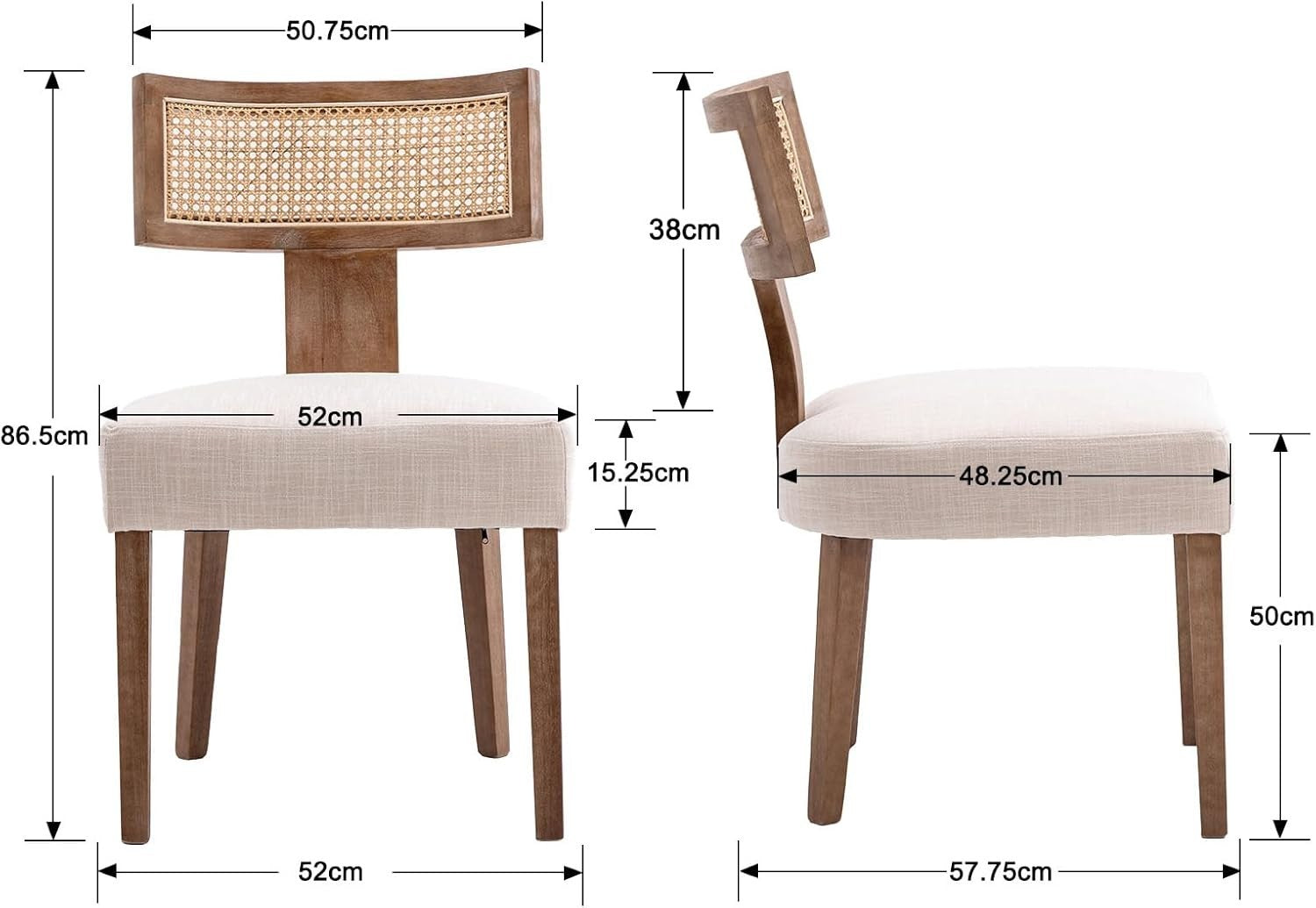 Natural Rattan Dining Chairs Set of 2 Upholstered Wood Kitchen Chairs Retro
