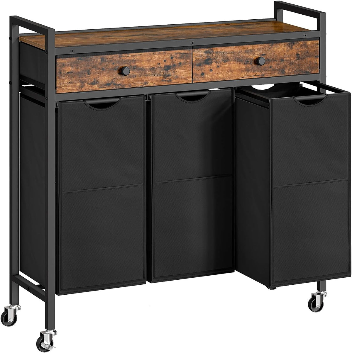 3 Compartment Laundry Sorter on Wheels Rustic Brown Black with Pull Out Bags