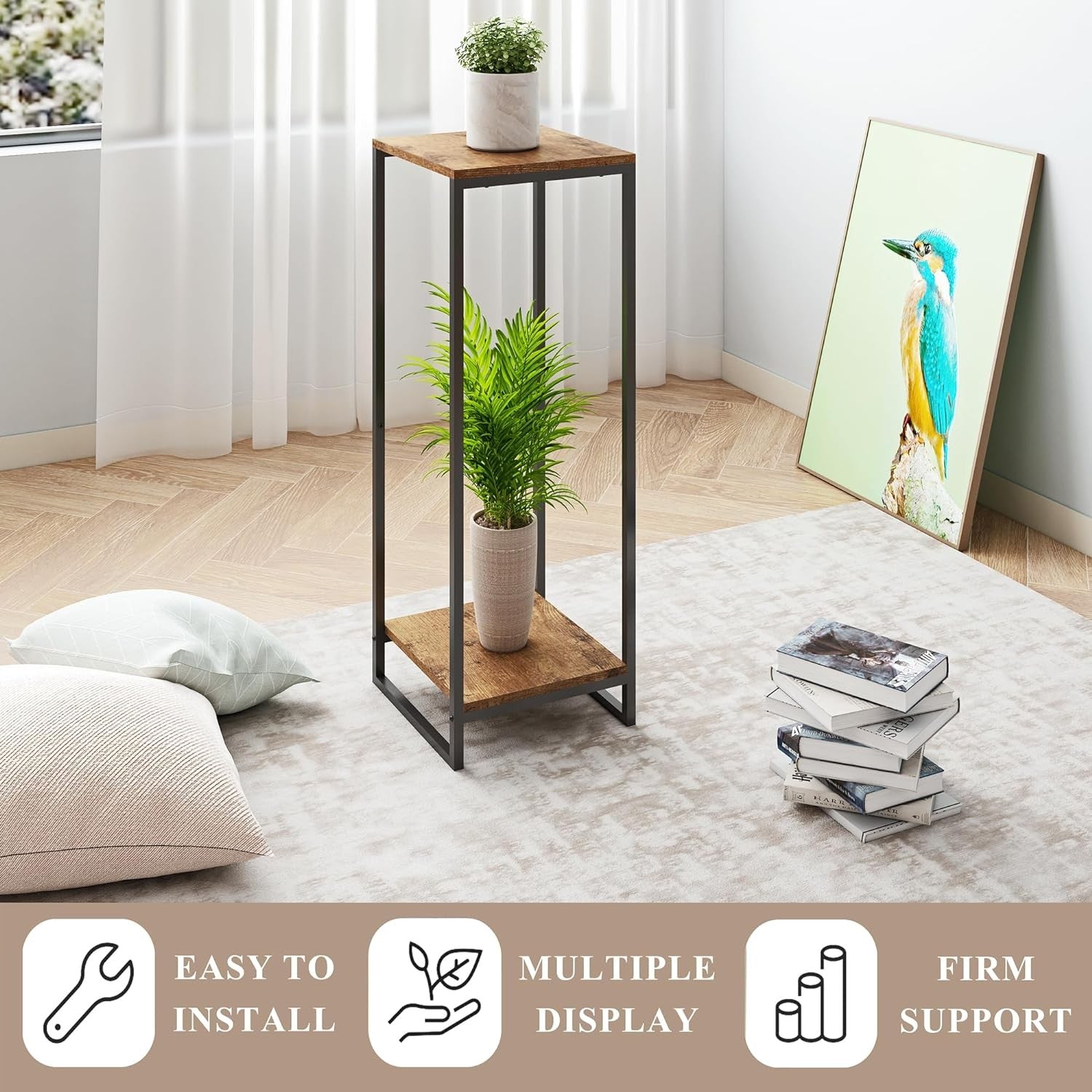 34" Tall 2 Tier Rustic Brown Metal Plant Stand Indoor Flower Pot Shelf
