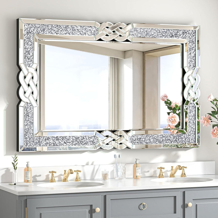 Large 120x80cm Silver Crushed Diamond Wall Mirror with Art Deco Frame