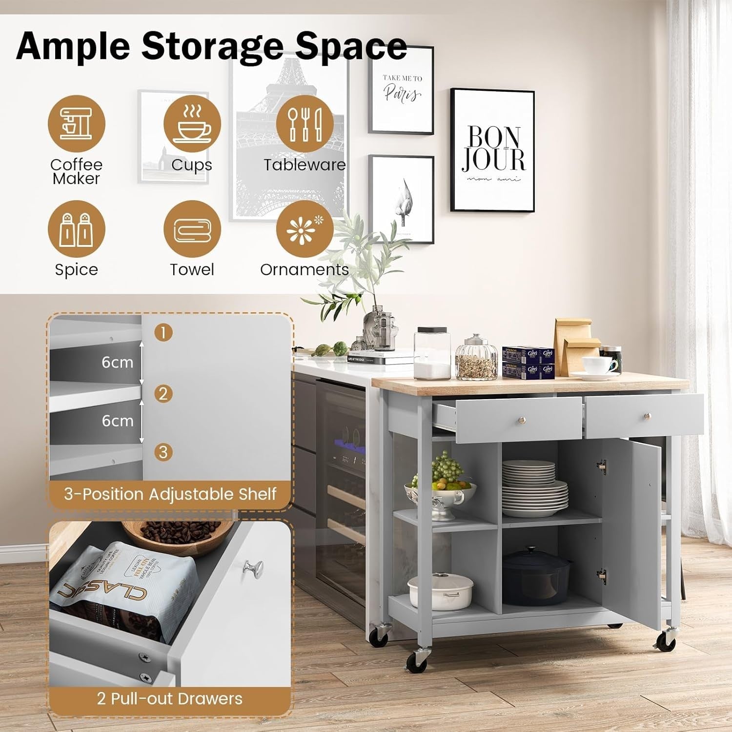 Kitchen Island on Wheels Storage Trolley Cabinet Drawers Grey