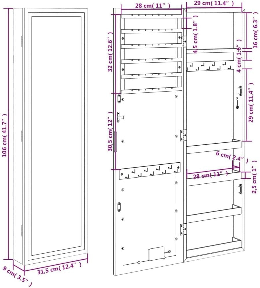 Vertical LED Jewelry Storage Mirror Cabinet Wall Hang Lockable White